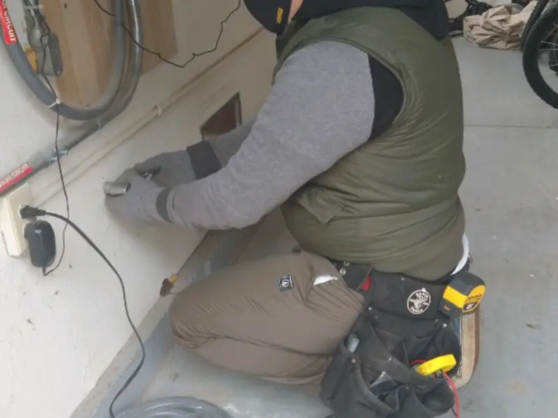 Electrician performing outlet wiring in a Columbia garage